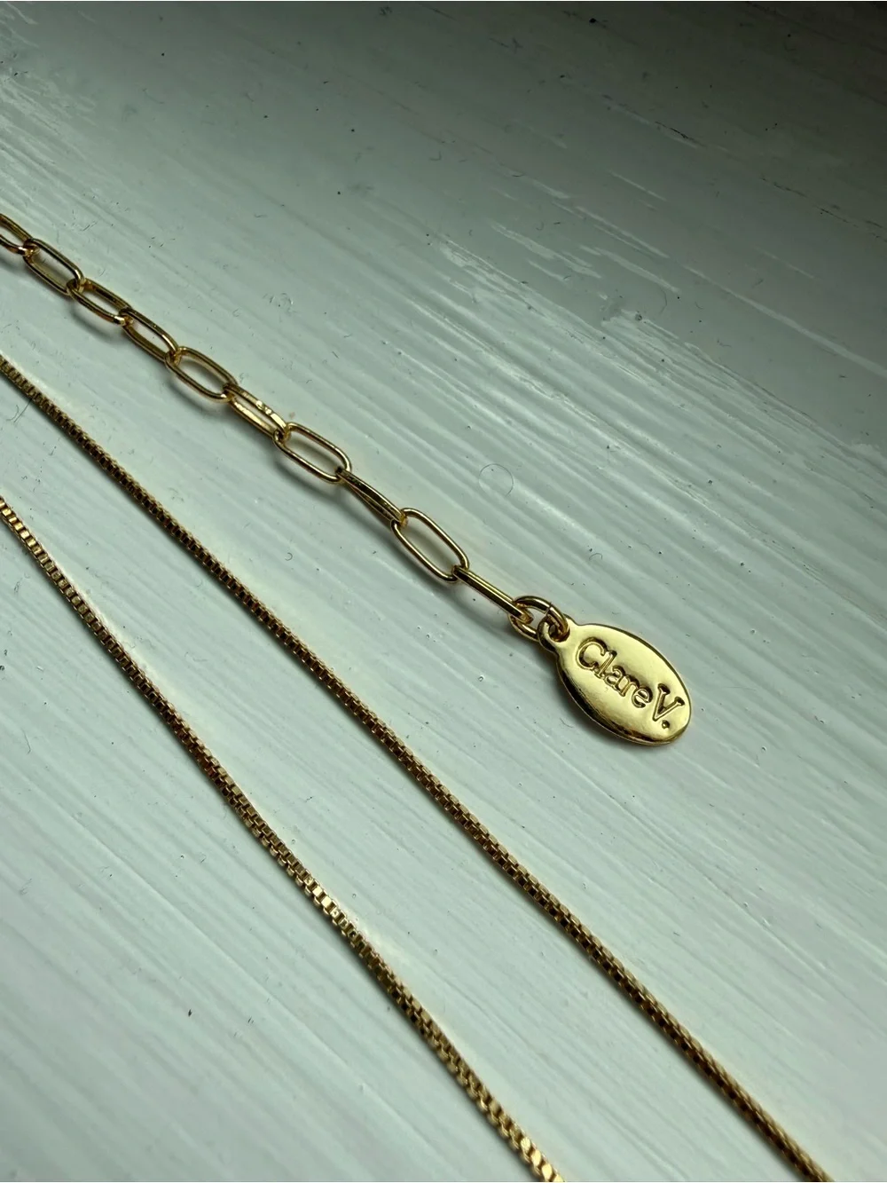 Clare V Gold Necklace with Green Bead Accents